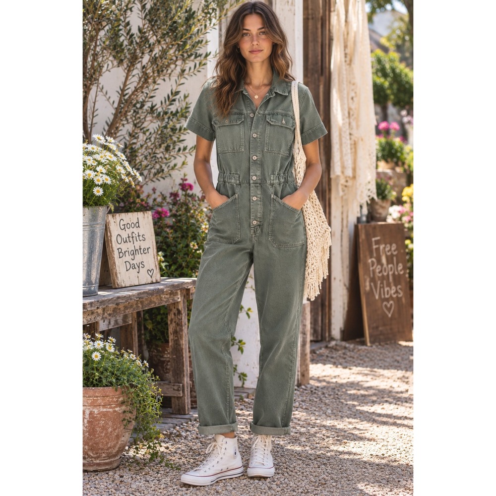 Free People We The Free S Green Denim Utility Jumpsuit Short Sleeve Coveralls